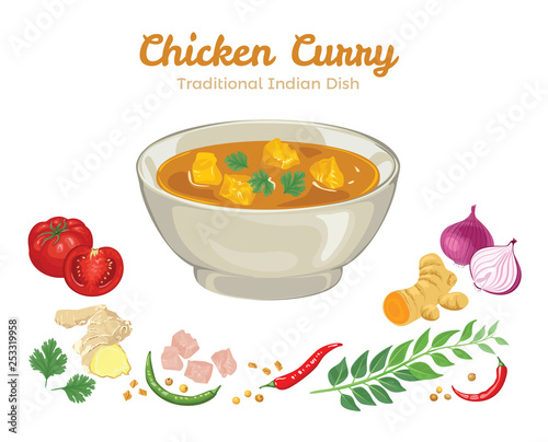 Chicken curry. Traditional Indian dish in ceramic bowl and set of spices isolated on white background. Vector illustration of popular food in cartoon simple flat style.