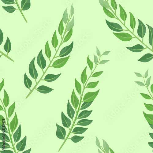 Leaves on green background. Botanical seamless pattern. Vector illustration of tree branches in cartoon simple flat style.