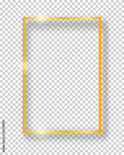 Vector golden shiny vintage square frame isolated on transparent background. Luxury glowing realistic border