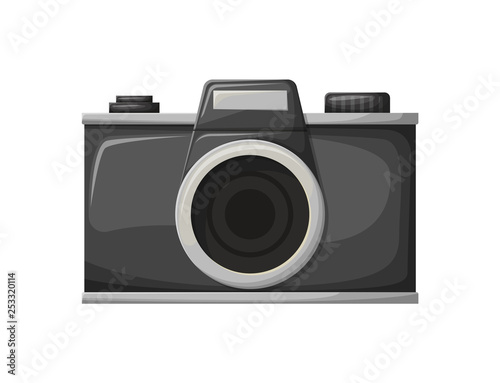 Film camera, old-fashioned style of shooting equipment, black retro object with lens on white. Glossy recoding cinema technology, photo apparatus vector