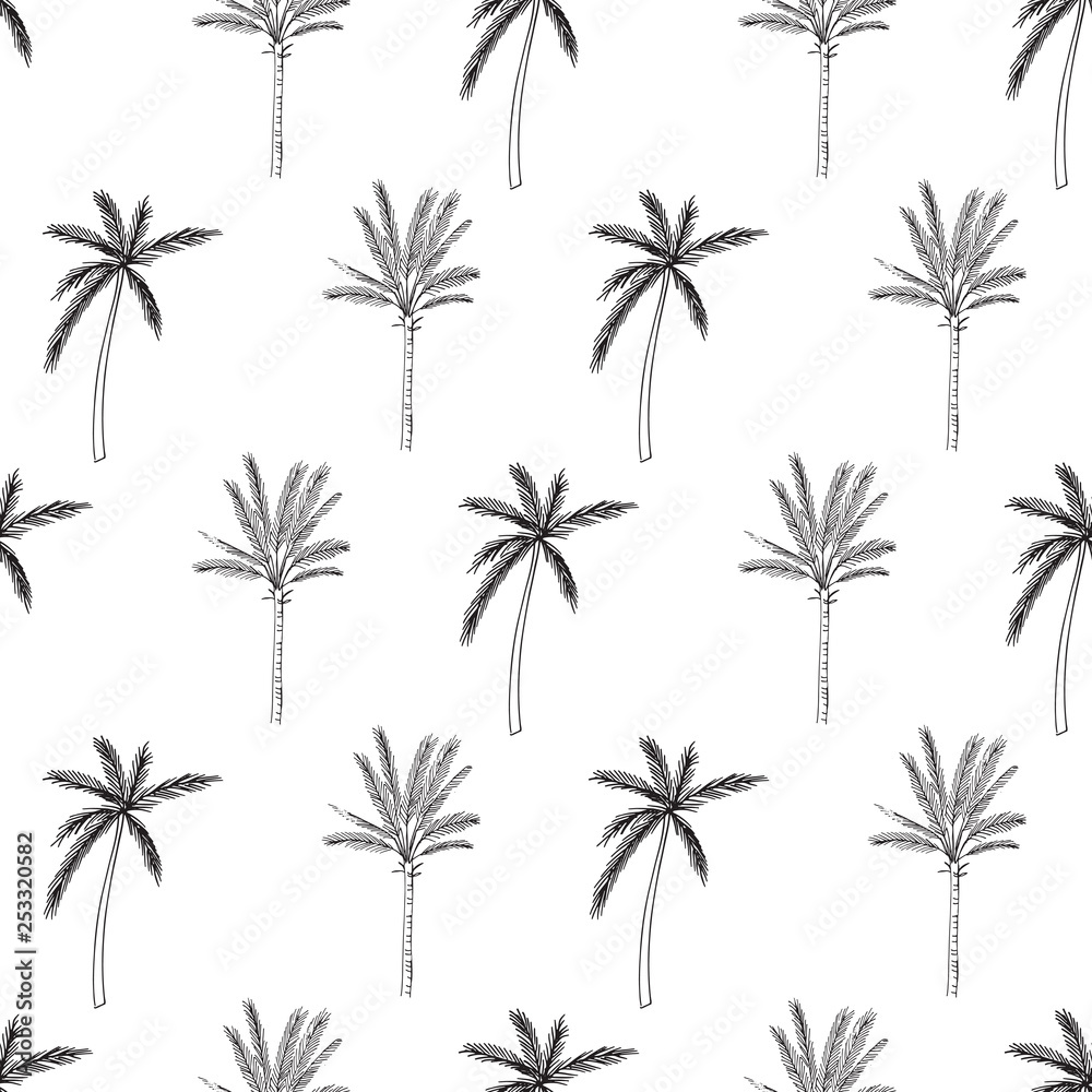 Hand-drawn seamless pattern with palm trees, isolated on white background. Abstract summer illustration.