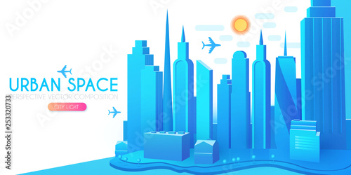 3D City Concept. Urban Background with Skyscrappers. Perspective Scene.