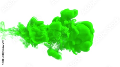UHD 3D animated simulation of the green ink in a liquid against the white background