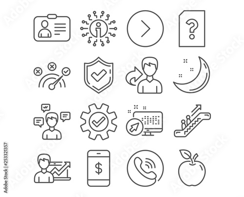 Set of Smartphone payment, Id card and Escalator icons. Service, Conversation messages and Correct answer signs. Forward, Success business and Unknown file symbols. Vector