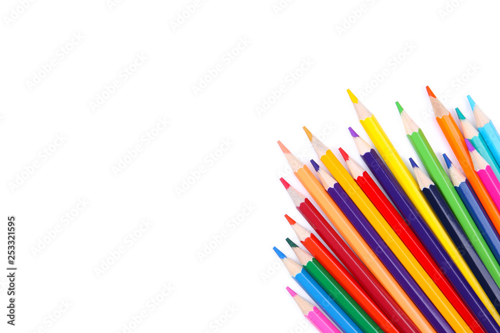 Many different colored pencils islolated on white background