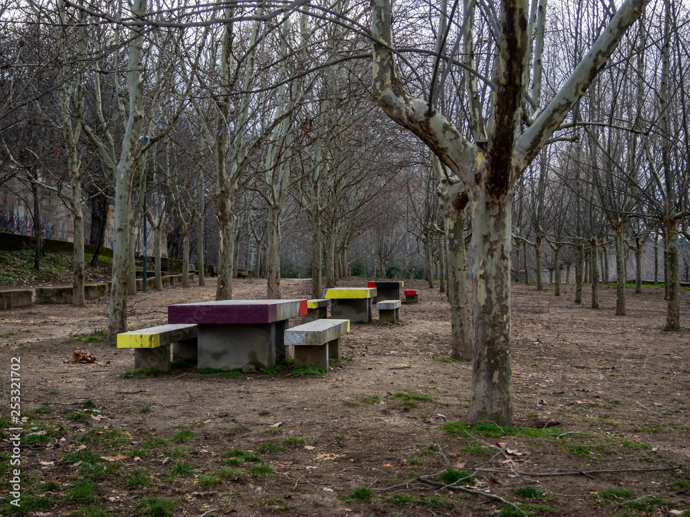 Tables and benches painted with colors in a park in winter with bare trees in Bejar (Salamanca) Tables and benches painted with colors in a park in winter with bare trees in Bejar (Salamanca)
