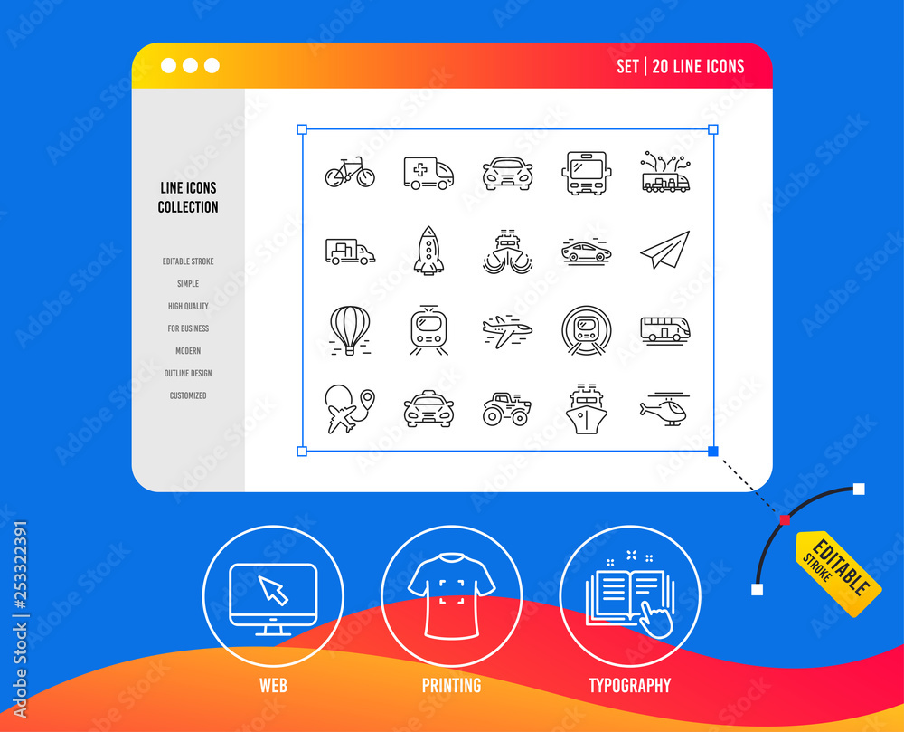 Naklejka premium Transport line icons. Set of Taxi, Helicopter and Train linear icons. Truck, Underground metro or Tram and Air balloon transport symbols. Bike, Airport plane and Ship. Travel bus. Paper airplane