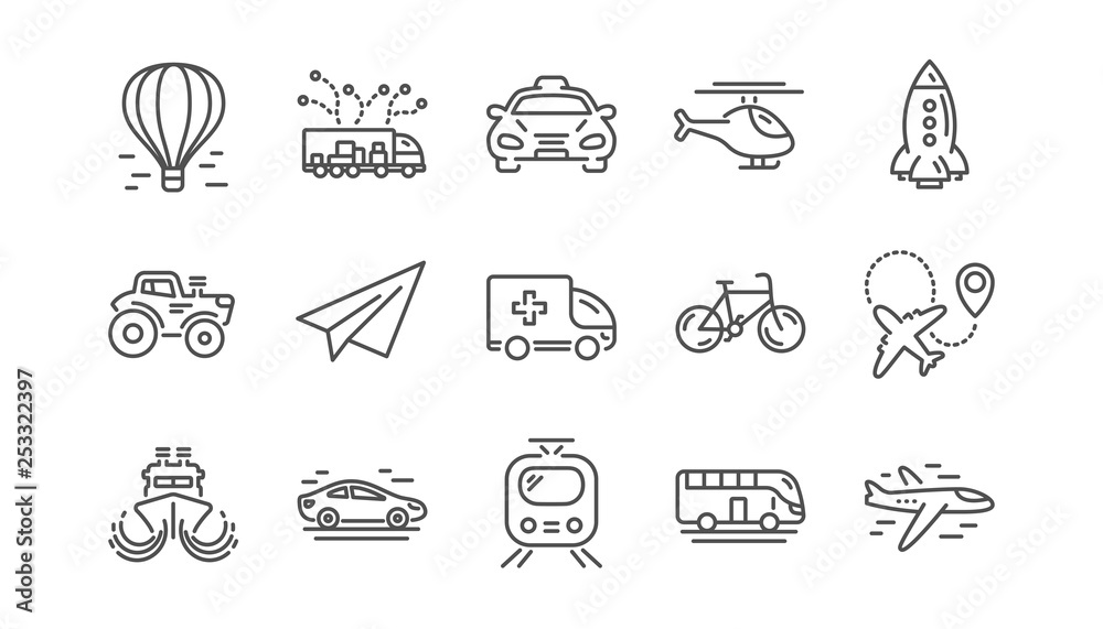 Transport line icons. Taxi, Helicopter and Train. Airplane linear icon set.  Vector