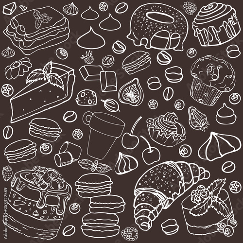 Pattern of sweets, hand-drawn, vector image. Sweets, for cafe, menu, cake, cheesecake, croissant, marshmallow, berries, chocolate cake without color, contour.