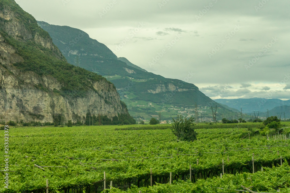 Fototapeta premium Italy,La Spezia to Kasltelruth train, a large green field with a mountain in the background