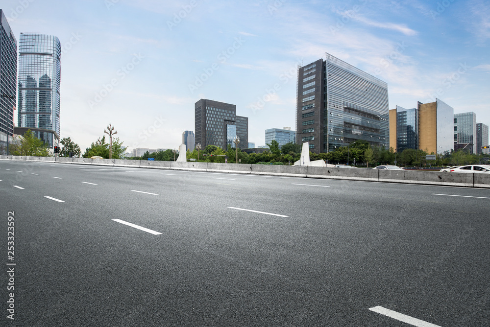 empty highway with cityscape and skyline of chengdu,China