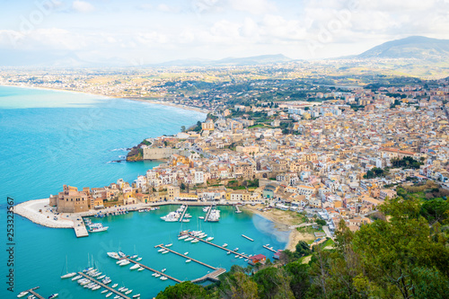 Aerial panoramic view of Castellammare del Golfo town, Trapani, Sicily, Italy