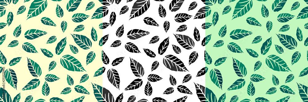 Seamless pattern with leaves of green and yellow and white leaves on one sheet. Drawn by hand.