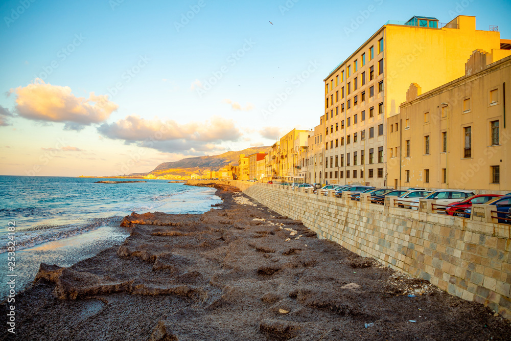 View of seaside of the sicilian city Trapani during sunset, Italy