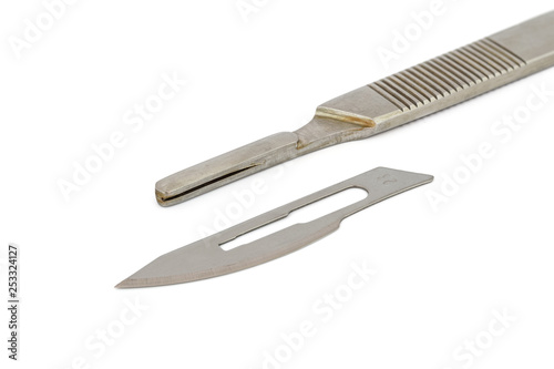 Fotografi Surgical blade and handle on white background