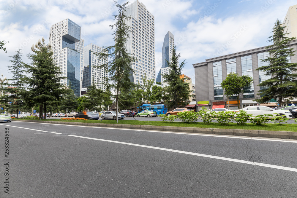 empty highway with cityscape and skyline of chengdu,China