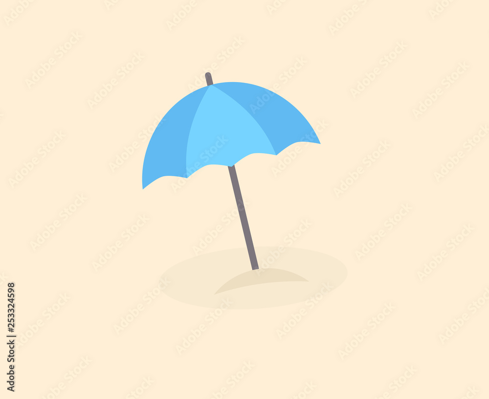 Blue sun umbrella on sandy beach.