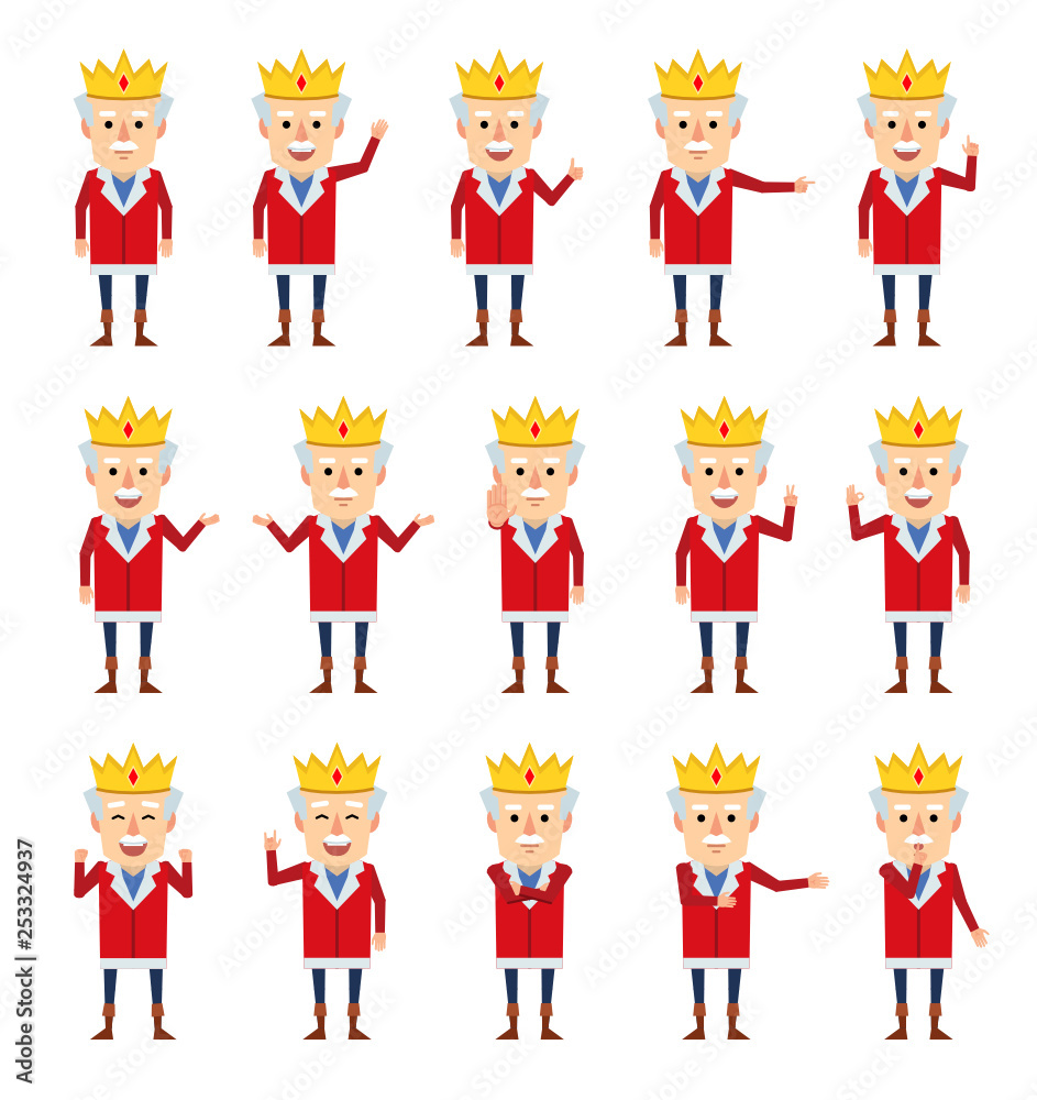 Set of old king characters showing various hand gestures. Funny king pointing, greeting, showing thumb up and other gestures. Flat design vector illustration Set of old king characters showing various hand gestures. Funny king pointing, greeting, showing thumb up and other gestures. Flat design vector illustration