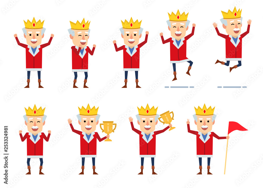 Vetor de Set of old king characters showing various success poses