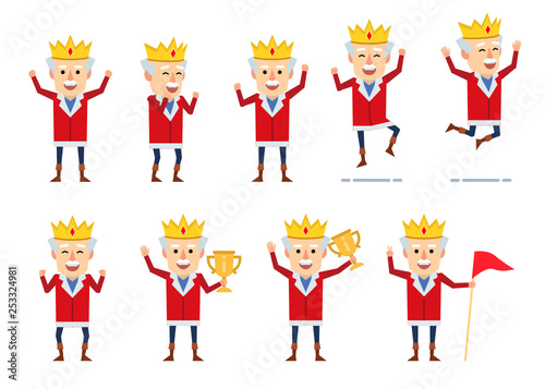 Set of old king characters showing various success poses. Funny king celebrating, jumping, holding winners cup and showing other actions. Flat design vector illustration