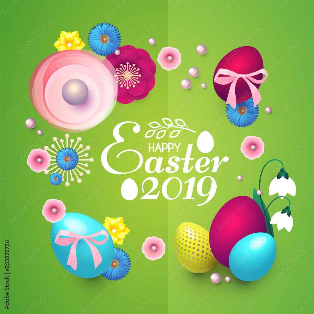 Happy Easter Design Template with Realistic Colorful Eggs and Spring Flowers.