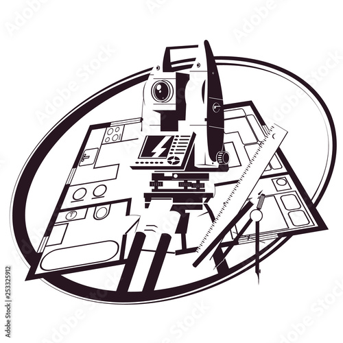 Geodetic tacheometer and house plan silhouette