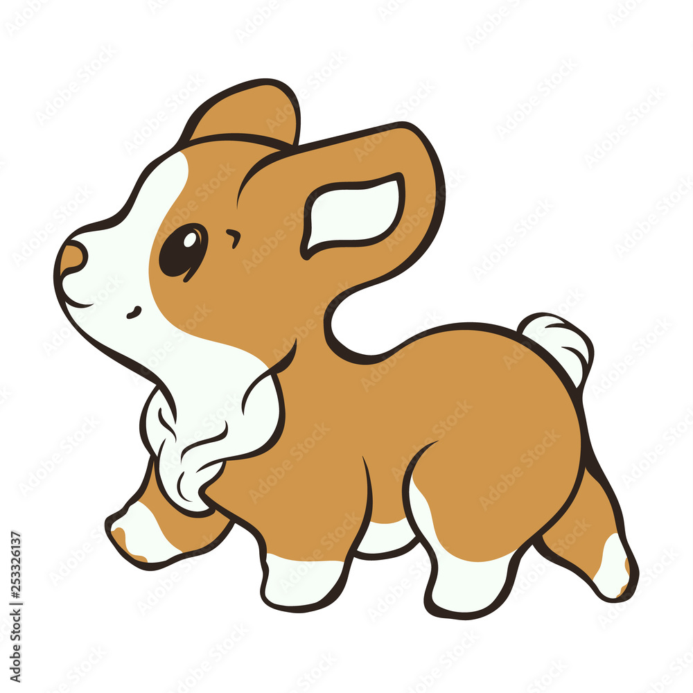 Welsh corgi dog breed vector illustration. Cute puppy walk side view,  cartoon icon. Fluffy Corgi Pembroke,