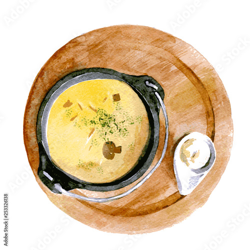 Delicious mushroom soup on a wooden round stand with sour cream and herbs. Watercolor illustration isolated on white background. Vector