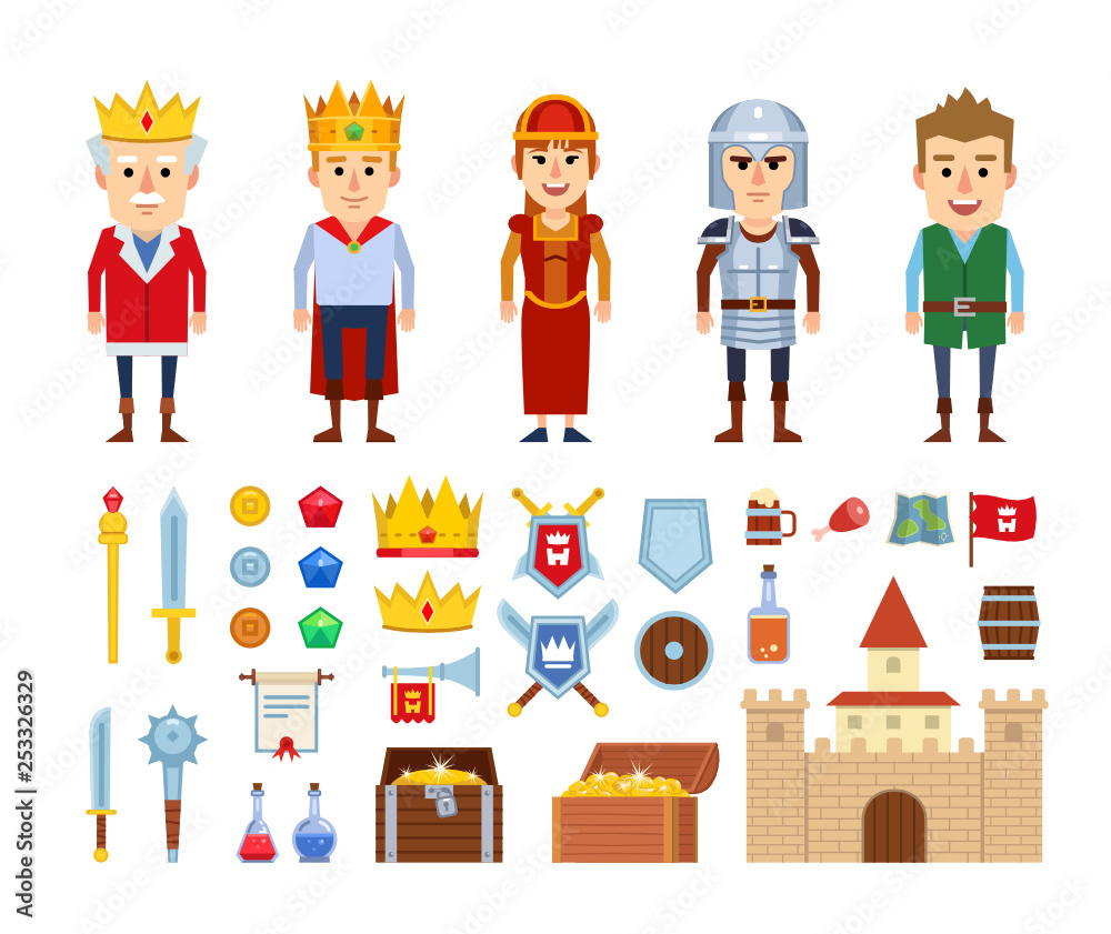 Set of medieval characters and various design elements. Icons of king, knight, young prince, peasant, castle, treasure chest and other fantasy elements. Flat design vector illustration Set of medieval characters and various design elements. Icons of king, knight, young prince, peasant, castle, treasure chest and other fantasy elements. Flat design vector illustration