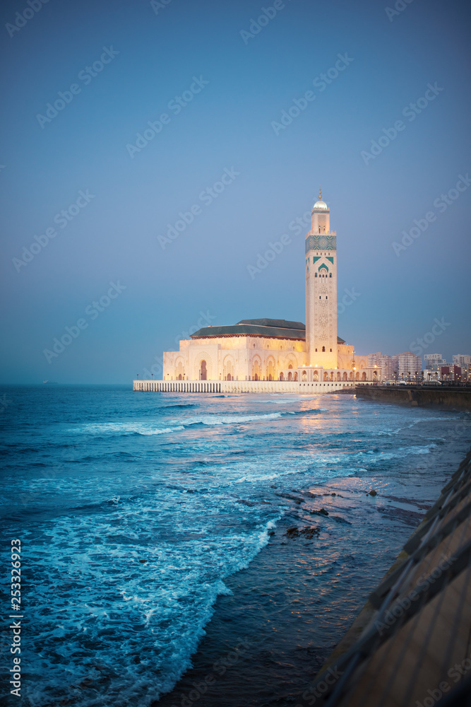 The largest Mosque in Morocco during a sunset. The Hassan II Mosque. Beautiful sunset in Casablanca.