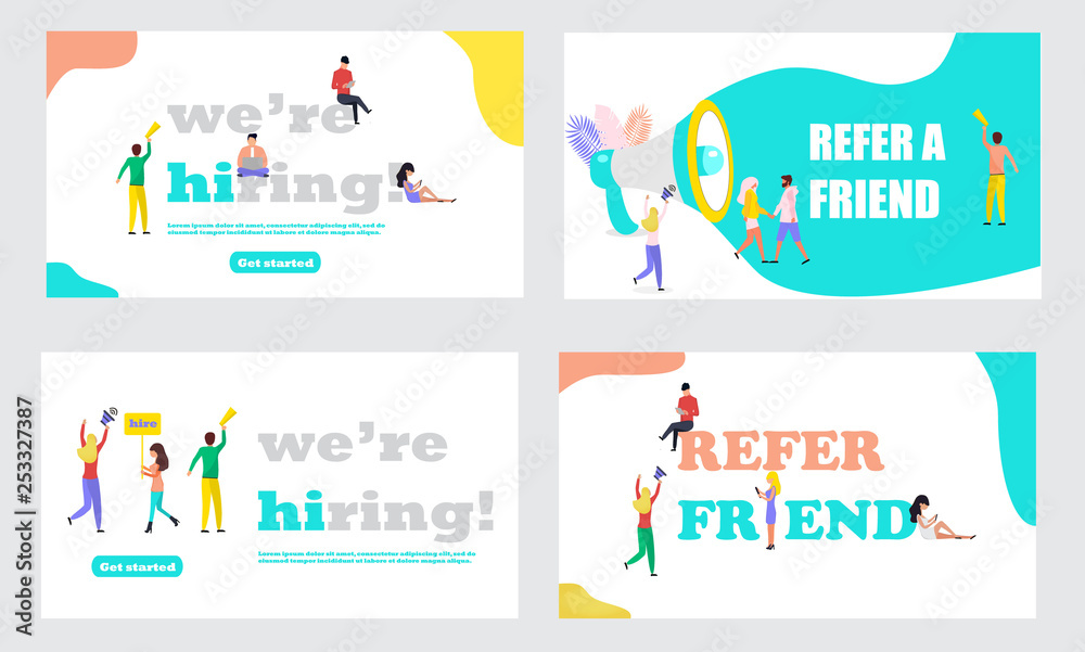 We are hiring concept and concept of refer a friend and job recruitment character, it can use for landing page, template, mobile app, poster, banner, flyer.