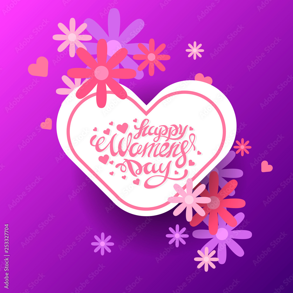 Vector illustration of stylish 8 march womens day with text lettering and flowers for greeting card, banner