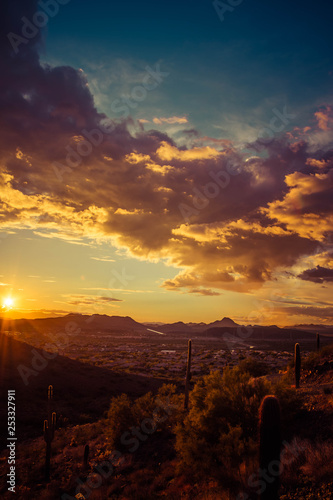 A portrait of the American Southwest at sunset with saguaro cactus and a colorful sky.