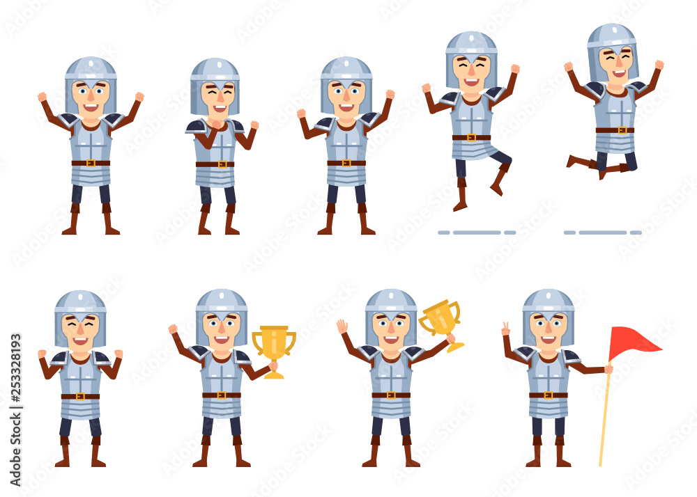 Set of medieval knight characters showing different success actions. Cheerful knight holding golden cup, jumping, celebrating and showing other actions. Flat style vector illustration