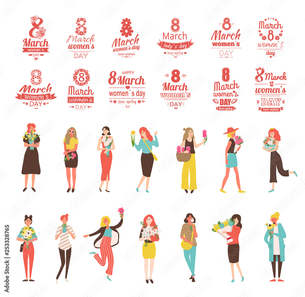 Womens day papercard, girls with bouquet of flowers, portrait and full length view of females with flavor, 8 March, creative greetings with people, vector Womens day papercard, girls with bouquet of flowers, portrait and full length view of females with flavor, 8 March, creative greetings with people, vector