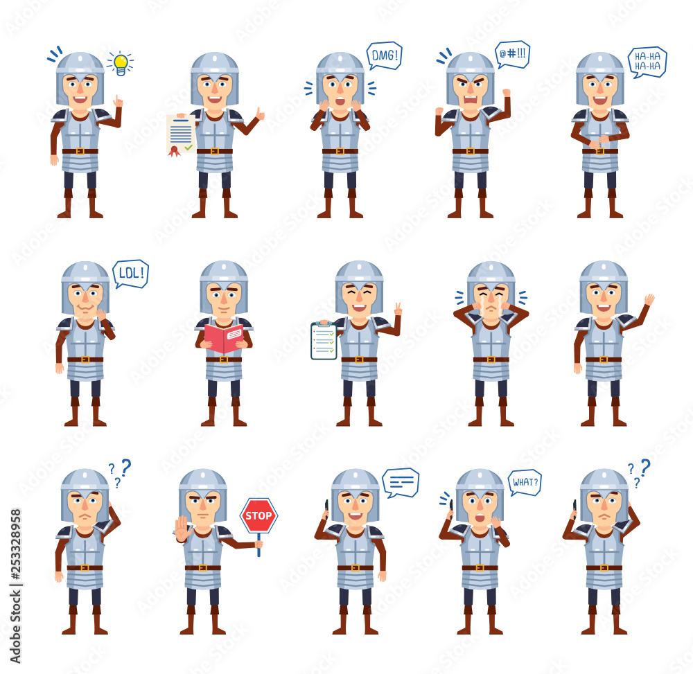 Set of medieval knight characters showing different actions. Cheerful knight talking on phone, reading book, angry, crying and showing other actions. Flat style vector illustration Set of medieval knight characters showing different actions. Cheerful knight talking on phone, reading book, angry, crying and showing other actions. Flat style vector illustration