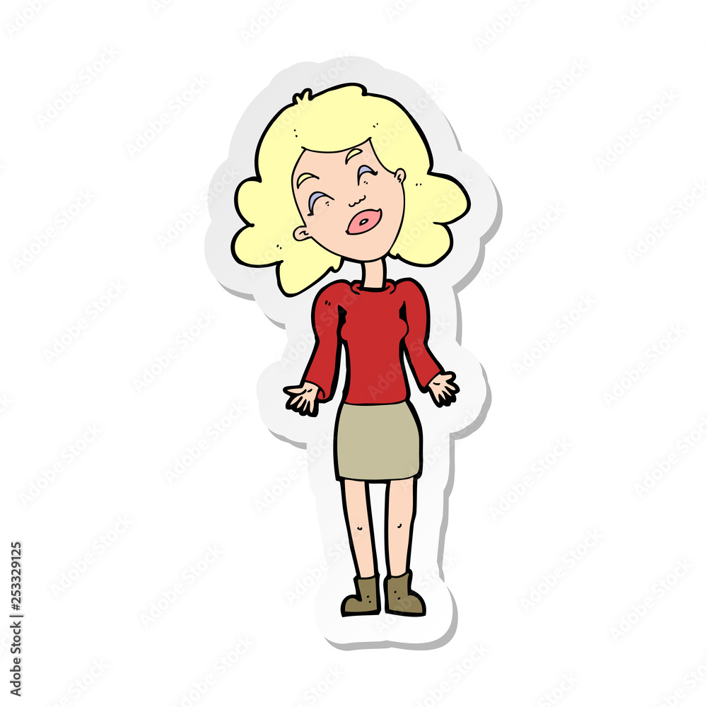 sticker of a cartoon woman shrugging shoulders sticker of a cartoon woman shrugging shoulders
