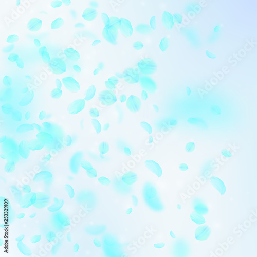 Turquoise flower petals falling down. Flawless rom