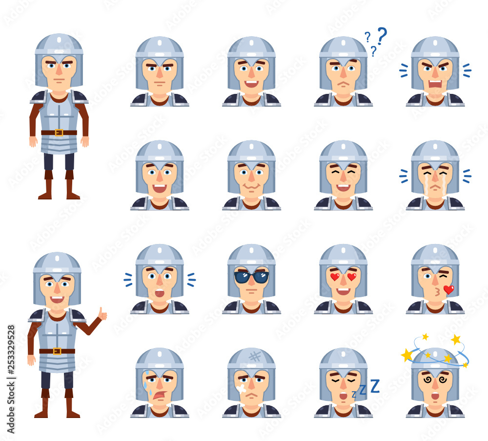 Set of knight emoticons showing different facial expressions. Laugh, cry, angry, shocked, tired, in love and other emotions. Flat style vector illustration Set of knight emoticons showing different facial expressions. Laugh, cry, angry, shocked, tired, in love and other emotions. Flat style vector illustration