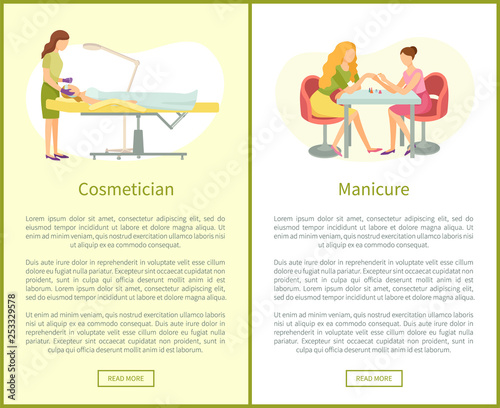 Makeup visagiste working with clients face using brush. Manicure manicurist polishing nails vector web posters with text. Hands care and brushing face