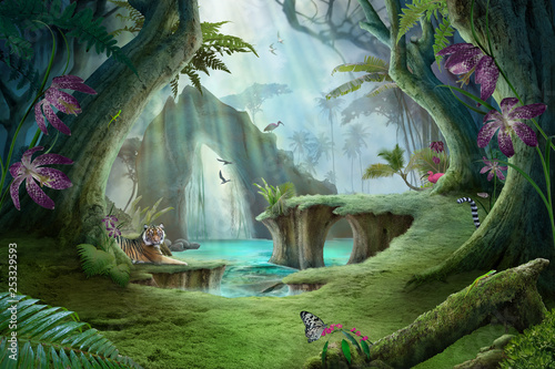 enchanted jungle lake landscape with tiger, can be used as background
