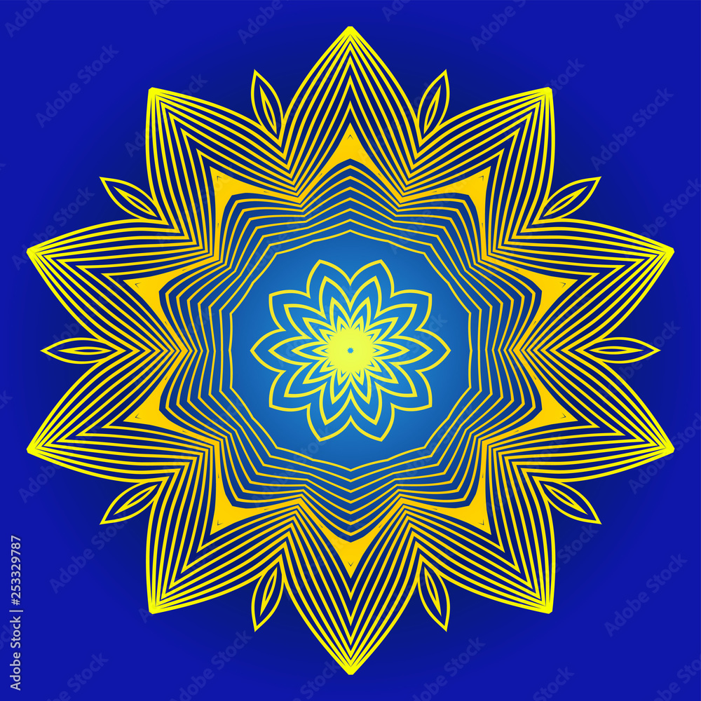Modern Decorative Floral Color Mandala. Round Shapes. Illustration. Blue yellow color.