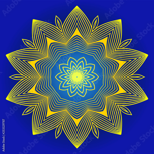 Modern Decorative Floral Color Mandala. Round Shapes. Illustration. Blue yellow color.