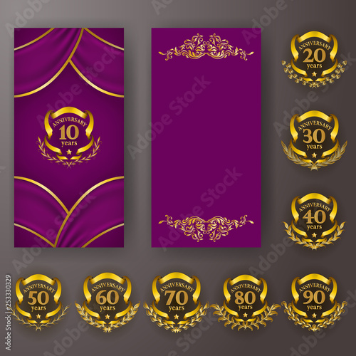 Set of anniversary card, invitation with laurel wreath, numbers. Decorative gold emblem of jubilee on purple background.