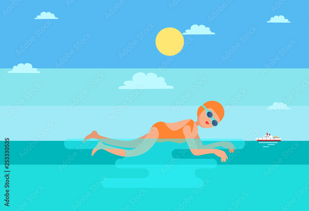Breaststroke water sport woman vector. Female sportive lady in sea practicing strokes for competition. Swimming sportswoman with goggles and hat