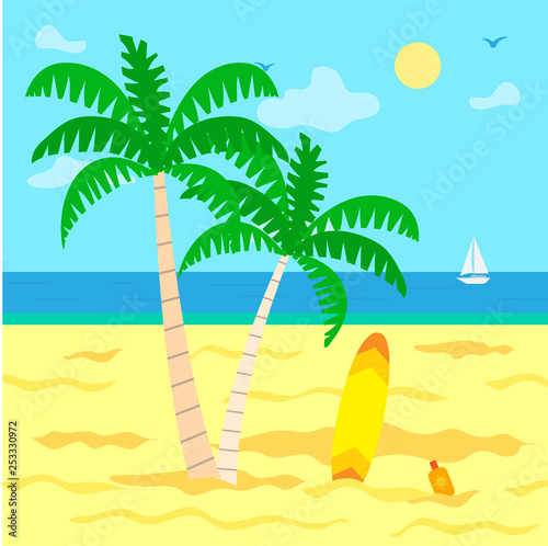 Summer holidays by sea vector, plage with hot sand. Sunshine of warm day, green palm tree with foliage, surfing board and sailing boat on water surface