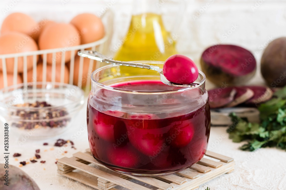 Quail eggs marinated for Easter in beet juice Quail eggs marinated for Easter in beet juice