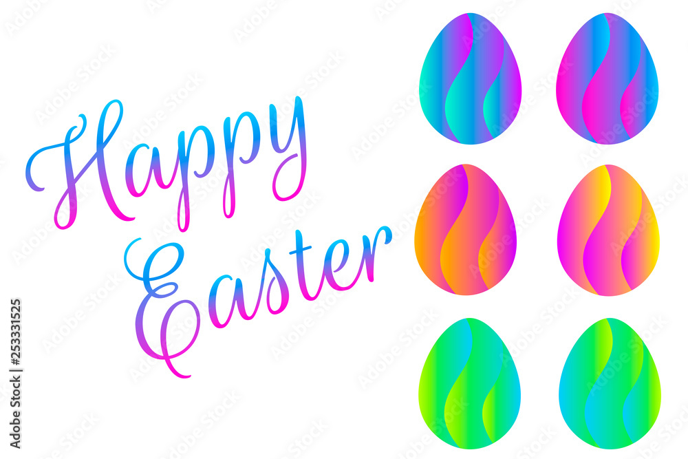 Happy easter greeting card with inscription and modern trendy eggs with bright creative neon colors and futuristic flow liquid shapes decor. Vector EPS 10 illustration.