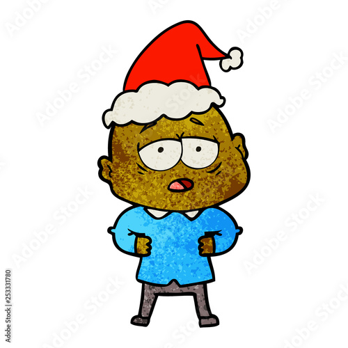 textured cartoon of a tired bald man wearing santa hat