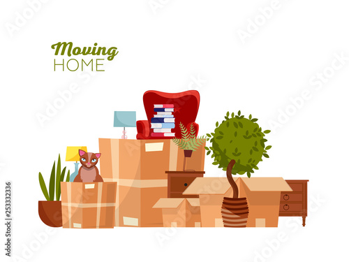 Moving home. Moving with boxes to new house. Pile of stacked cardboard boxes with furniture, chair, dump, plants, cat. Flat cartoon vector illustration isolated on white background